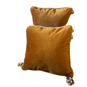 VILLIERS Set Of Two Mustard Yellow Velvet Throw Pillows With Tassel Trim.